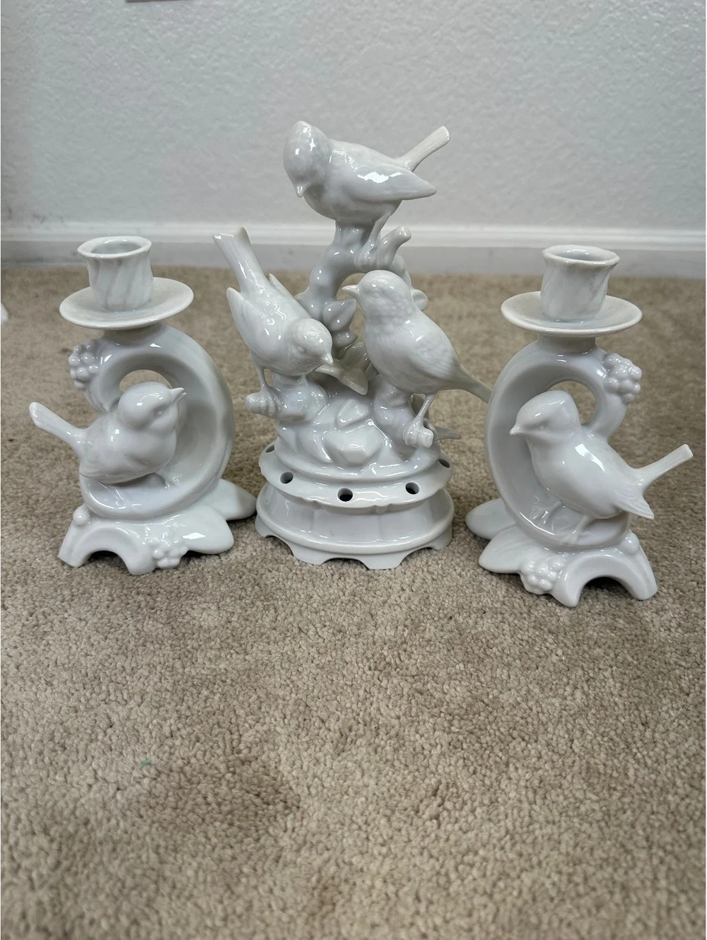 VTG Dresden Porcelain Wolfsohn & Sons Pair Of Bird Candle Holders + Flower Frog